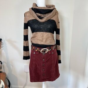 Free People Lulu Rugby Striped Alpaca Blend Cowl Neck Sweater Tan & Black 🦙🤎
